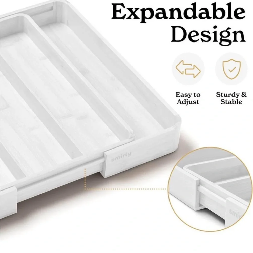 NWT White Bamboo Kitchen Drawer Organizer For Silverware